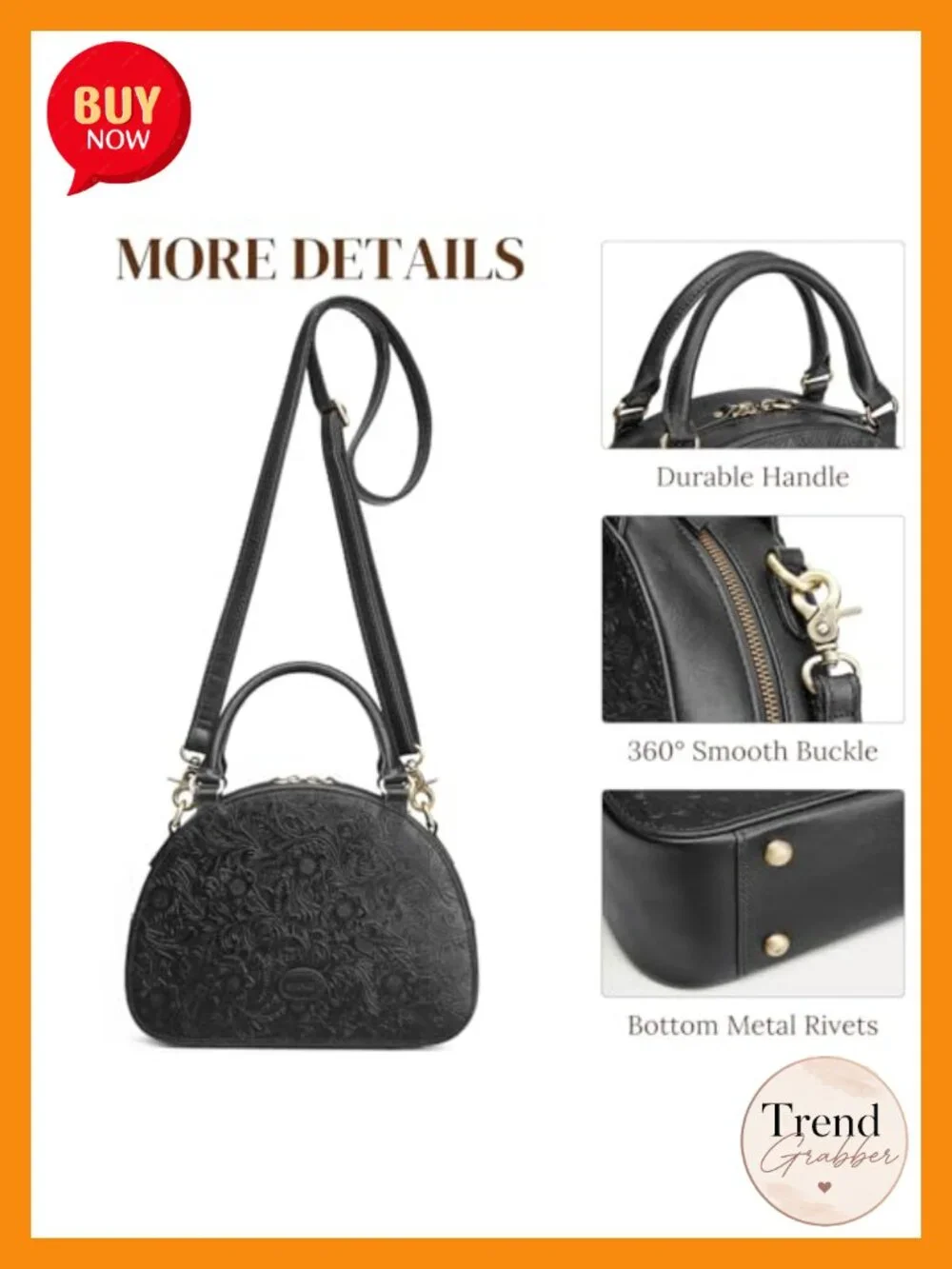 Genuine Leather Crossbody Satchel with Rose Embossed Design
